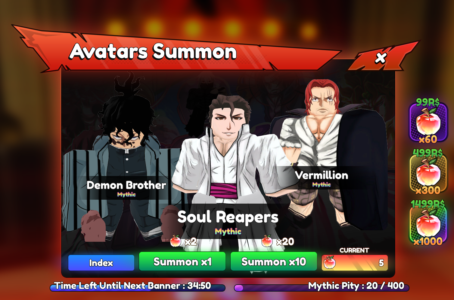 Official Discord FAQ screenshot of the Avatar Summon banner with fruit costs and Mythic pity.